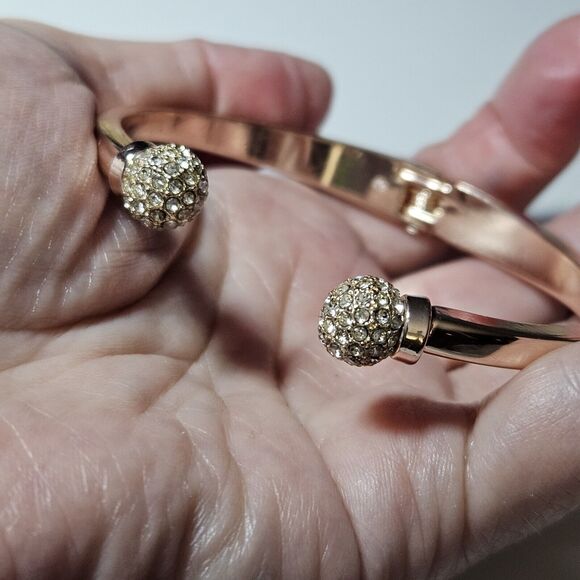 *Sale* Rose Gold Tone Hinges Bangle Bracelet With Clear Rhinestone Accents - Picture 1 of 11